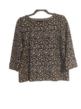 Tahari Women's L Gray Black Soft Leopard Print Sweater 3/4 Sleeve Top Tribal